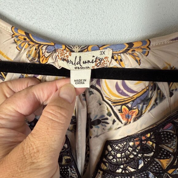 Y2K World Unity Women Embroidered Beaded Blouse 3X Boho Hippie Fairy Whimsy Goth - Picture 10 of 12